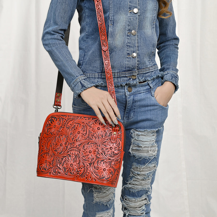 American Darling Western Crossbody Bag for Women Hand Tooled Floral Leather Purse with Adjustable Strap
