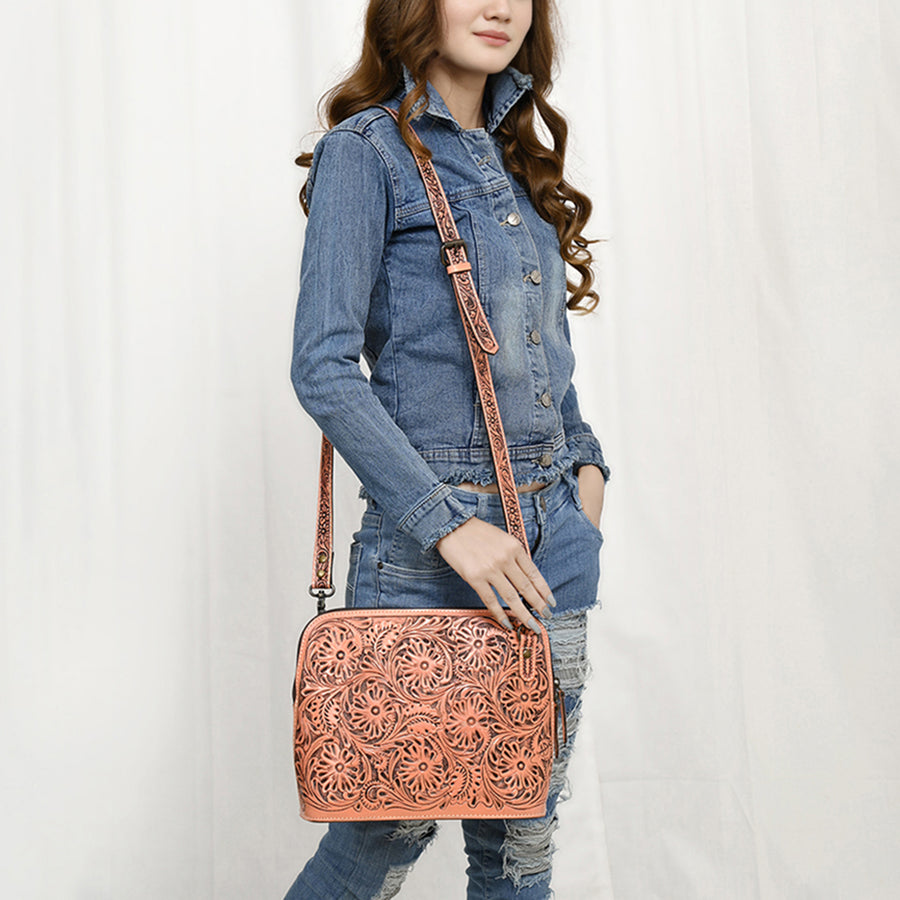 American Darling Western Crossbody Bag for Women Hand Tooled Floral Leather Purse with Adjustable Strap