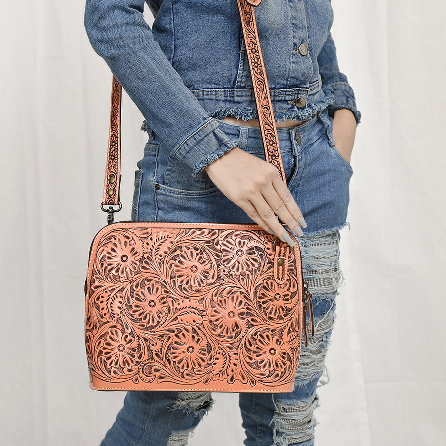American Darling Western Crossbody Bag for Women Hand Tooled Floral Leather Purse with Adjustable Strap