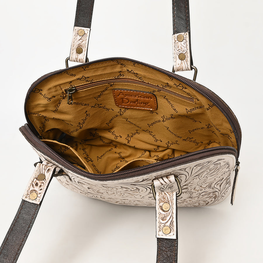 American Darling Western Leather Tote Bag Hand Tooled Floral Carved Purse with Quilted Back & Tooled Straps for Women