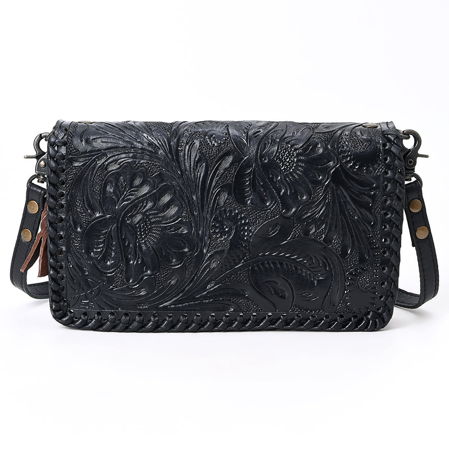 American Darling Western Hand-Tooled Leather Clutch Bag with Floral Carving and Premium Genuine Leather