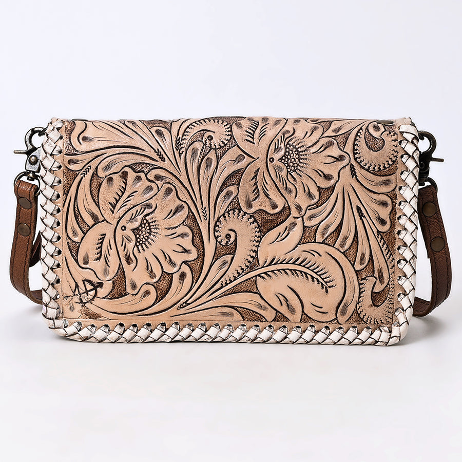 American Darling Western Hand-Tooled Leather Clutch Bag with Floral Carving and Premium Genuine Leather