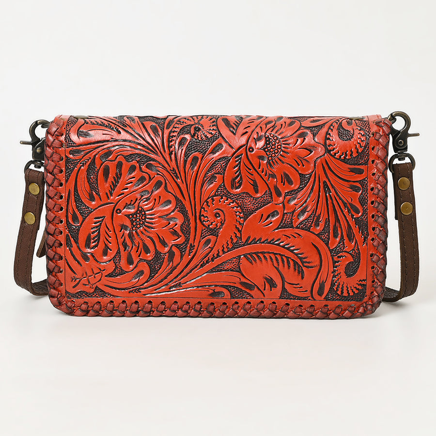 American Darling Western Hand-Tooled Leather Clutch Bag with Floral Carving and Premium Genuine Leather