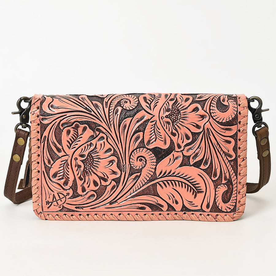 American Darling Western Hand-Tooled Leather Clutch Bag with Floral Carving and Premium Genuine Leather