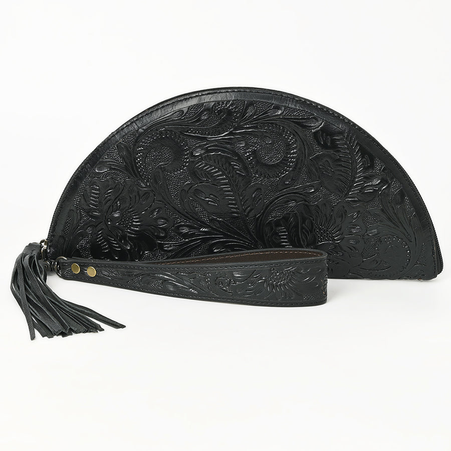 American Darling Western Hand-Tooled Leather Taco Bag for Women – Genuine Floral Carved Wristlet with Fringe Details