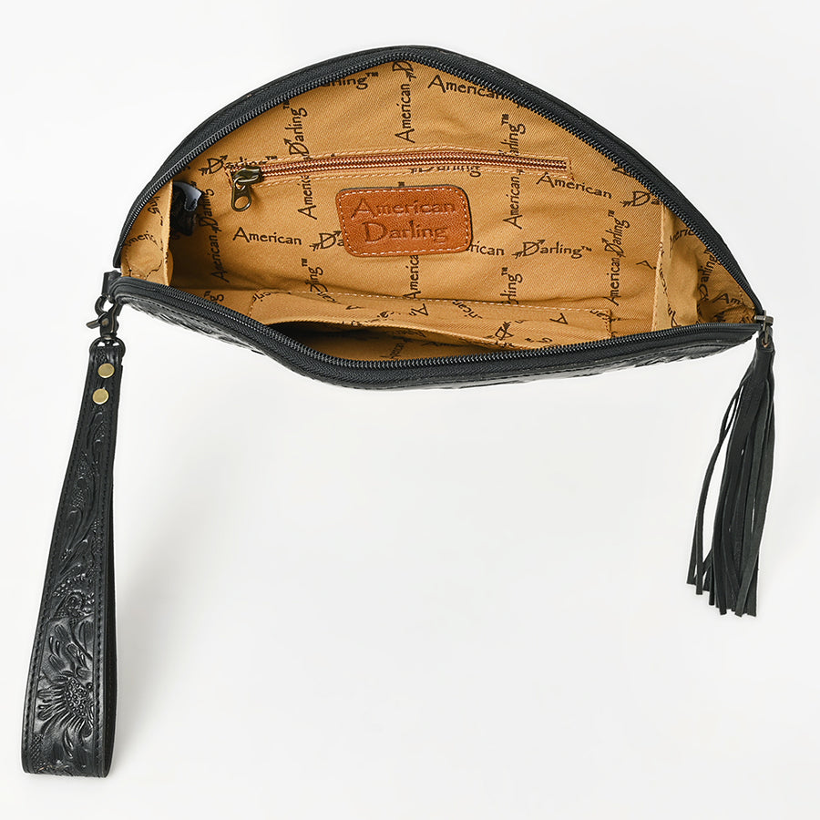 American Darling Western Hand-Tooled Leather Taco Bag for Women – Genuine Floral Carved Wristlet with Fringe Details