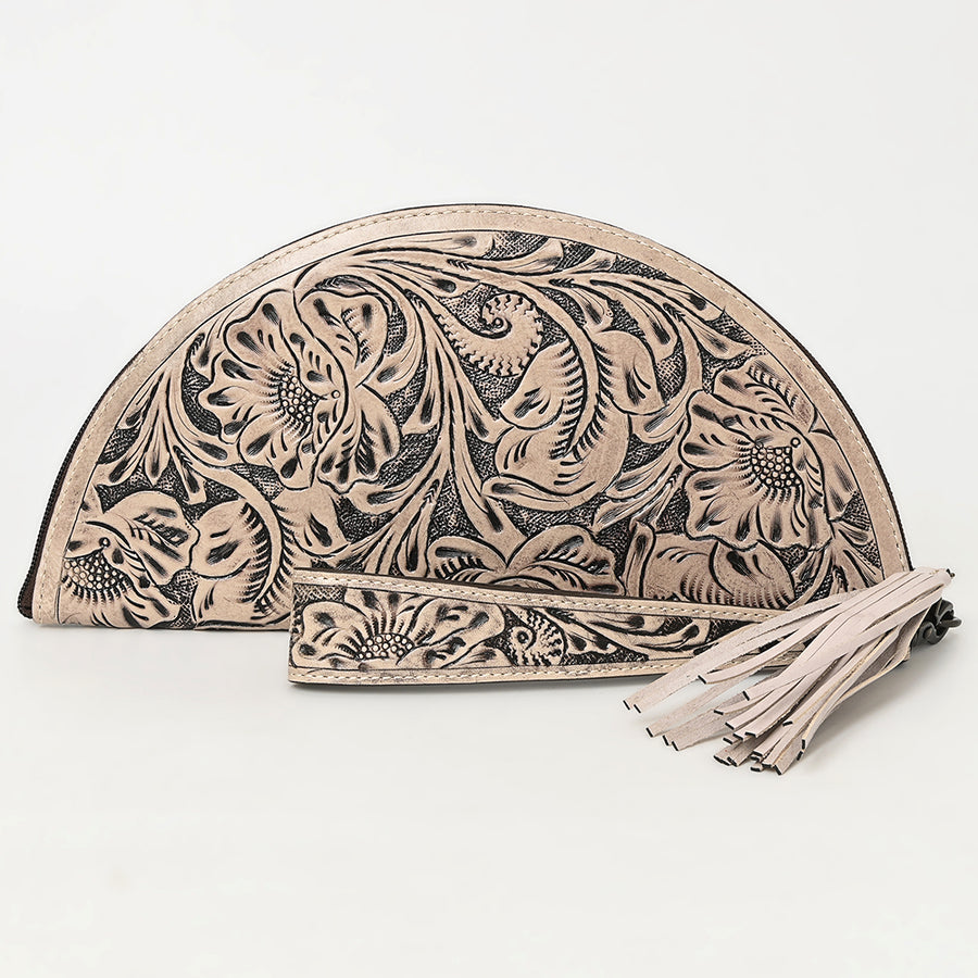 American Darling Western Hand-Tooled Leather Taco Bag for Women – Genuine Floral Carved Wristlet with Fringe Details