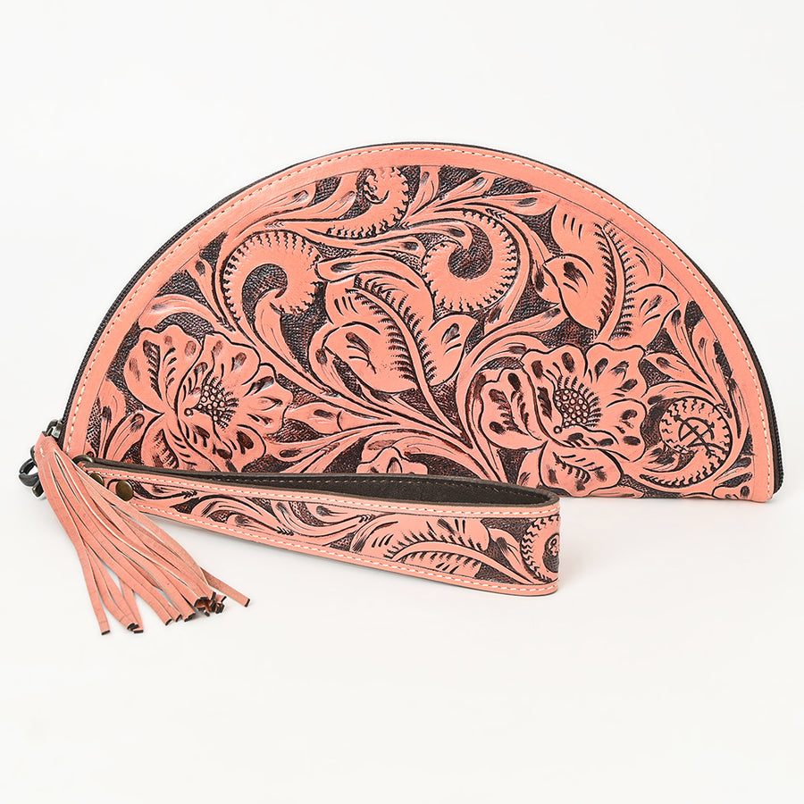 American Darling Western Hand-Tooled Leather Taco Bag for Women – Genuine Floral Carved Wristlet with Fringe Details