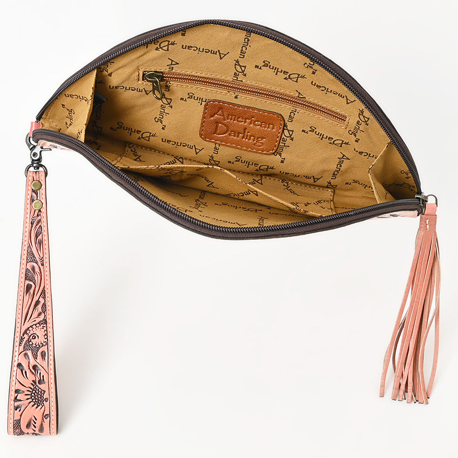 American Darling Western Hand-Tooled Leather Taco Bag for Women – Genuine Floral Carved Wristlet with Fringe Details