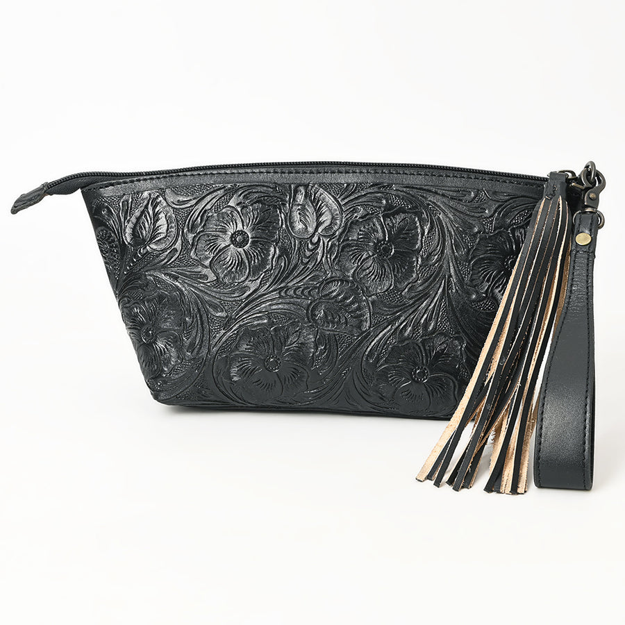 American Darling Western Hand-Tooled Leather Wristlet Bag – Genuine Floral Carved Women’s Clutch with Fringe Strap