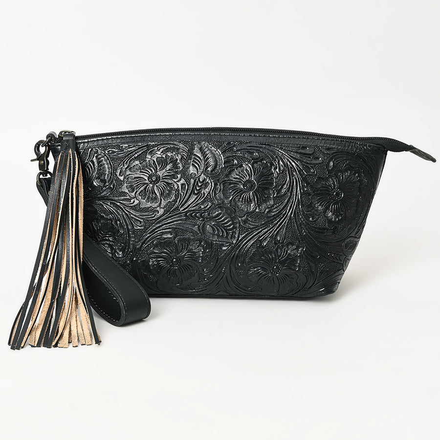 American Darling Western Hand-Tooled Leather Wristlet Bag – Genuine Floral Carved Women’s Clutch with Fringe Strap