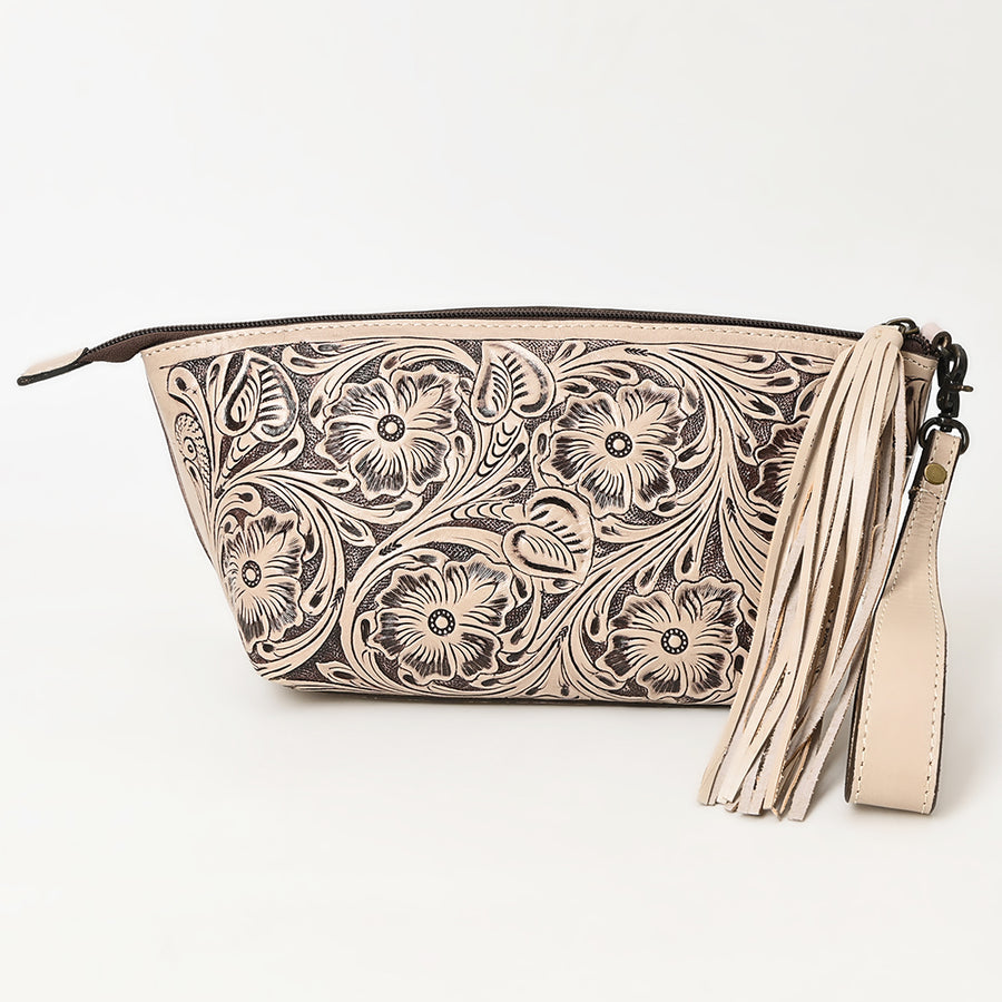American Darling Western Hand-Tooled Leather Wristlet Bag – Genuine Floral Carved Women’s Clutch with Fringe Strap