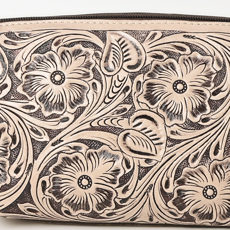 American Darling Western Hand-Tooled Leather Wristlet Bag – Genuine Floral Carved Women’s Clutch with Fringe Strap