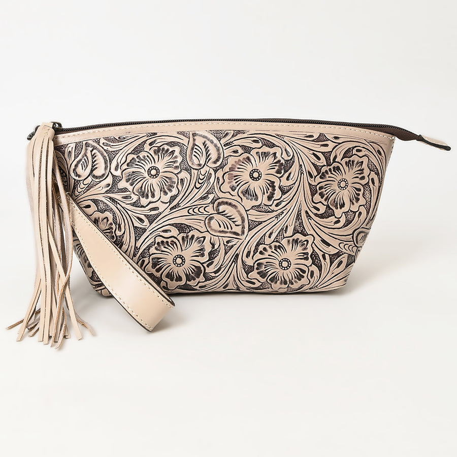 American Darling Western Hand-Tooled Leather Wristlet Bag – Genuine Floral Carved Women’s Clutch with Fringe Strap