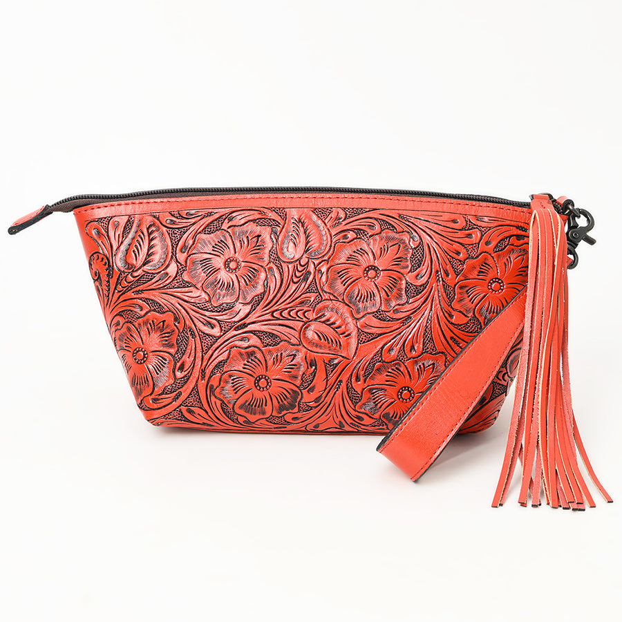 American Darling Western Hand-Tooled Leather Wristlet Bag – Genuine Floral Carved Women’s Clutch with Fringe Strap