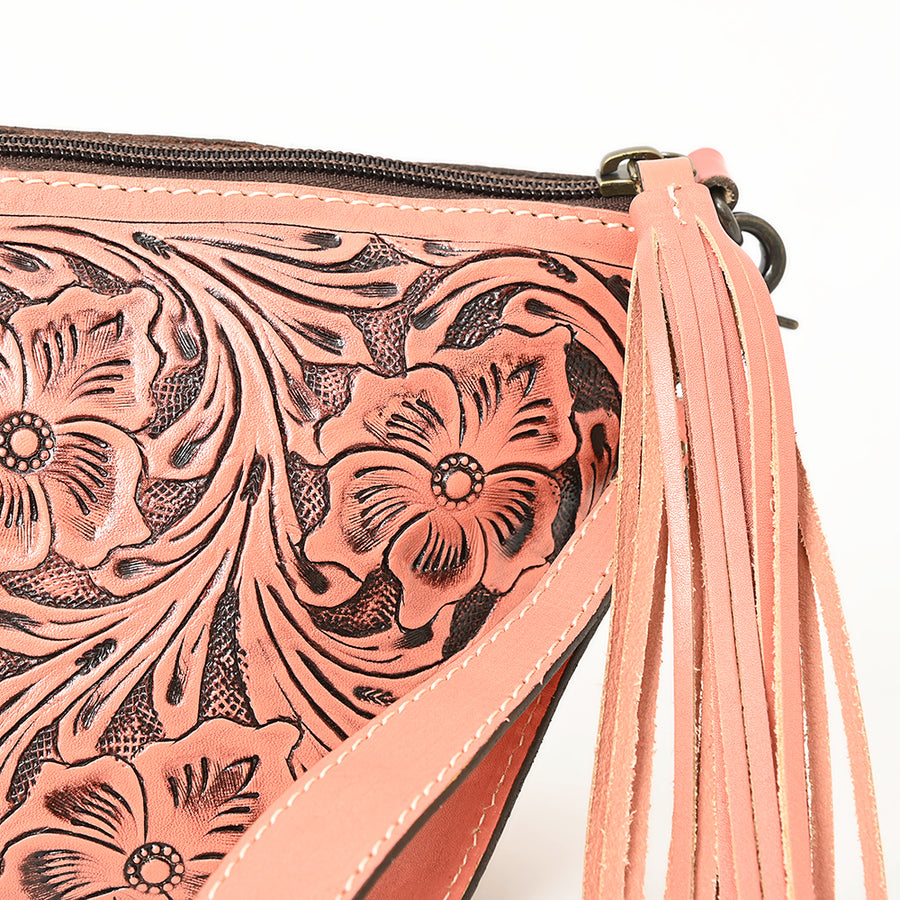 American Darling Western Hand-Tooled Leather Wristlet Bag – Genuine Floral Carved Women’s Clutch with Fringe Strap