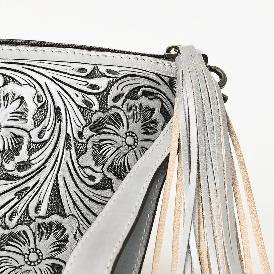 American Darling Western Hand-Tooled Leather Wristlet Bag – Genuine Floral Carved Women’s Clutch with Fringe Strap