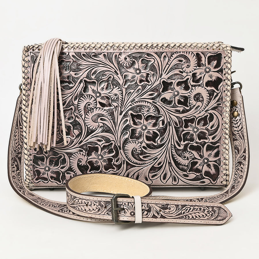 American Darling Western Hand-Tooled Leather Crossbody Bag – Genuine Floral Carved Women’s Purse with Strap and Fringe Detail