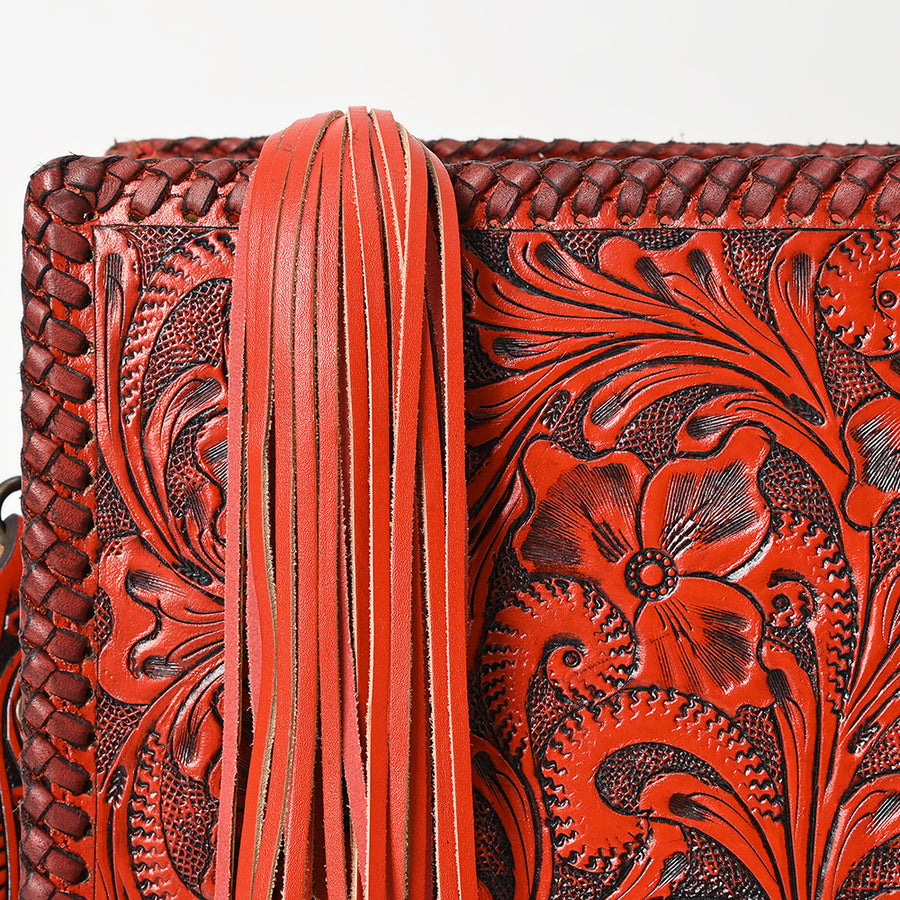 American Darling Western Hand-Tooled Leather Crossbody Bag – Genuine Floral Carved Women’s Purse with Strap and Fringe Detail