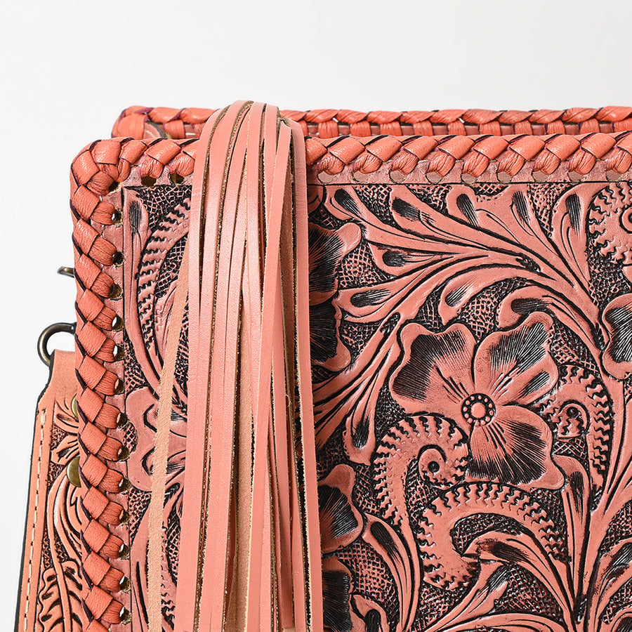 American Darling Western Hand-Tooled Leather Crossbody Bag – Genuine Floral Carved Women’s Purse with Strap and Fringe Detail