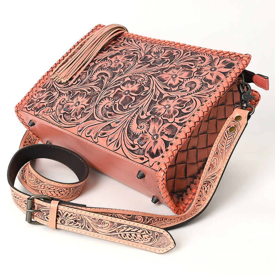 American Darling Western Hand-Tooled Leather Crossbody Bag – Genuine Floral Carved Women’s Purse with Strap and Fringe Detail