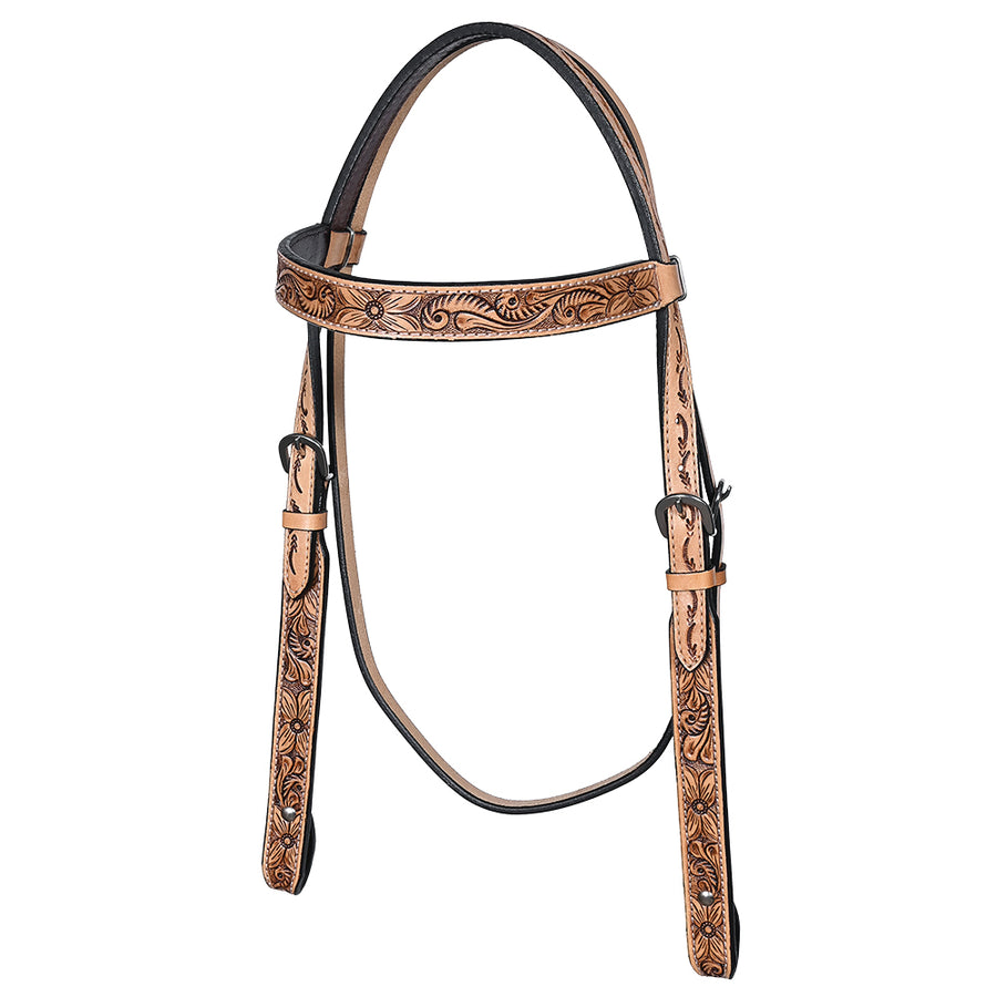 Bar H Equine Horse Genuine Leather Floral Carved Headstall Tan - Uhorse
