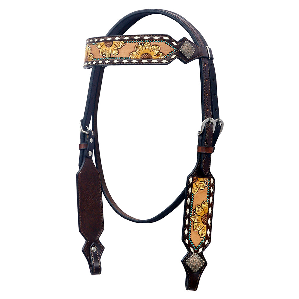 BAR H EQUINE Western Horse Floral Hand Painted Genuine Leather Headstall Tan