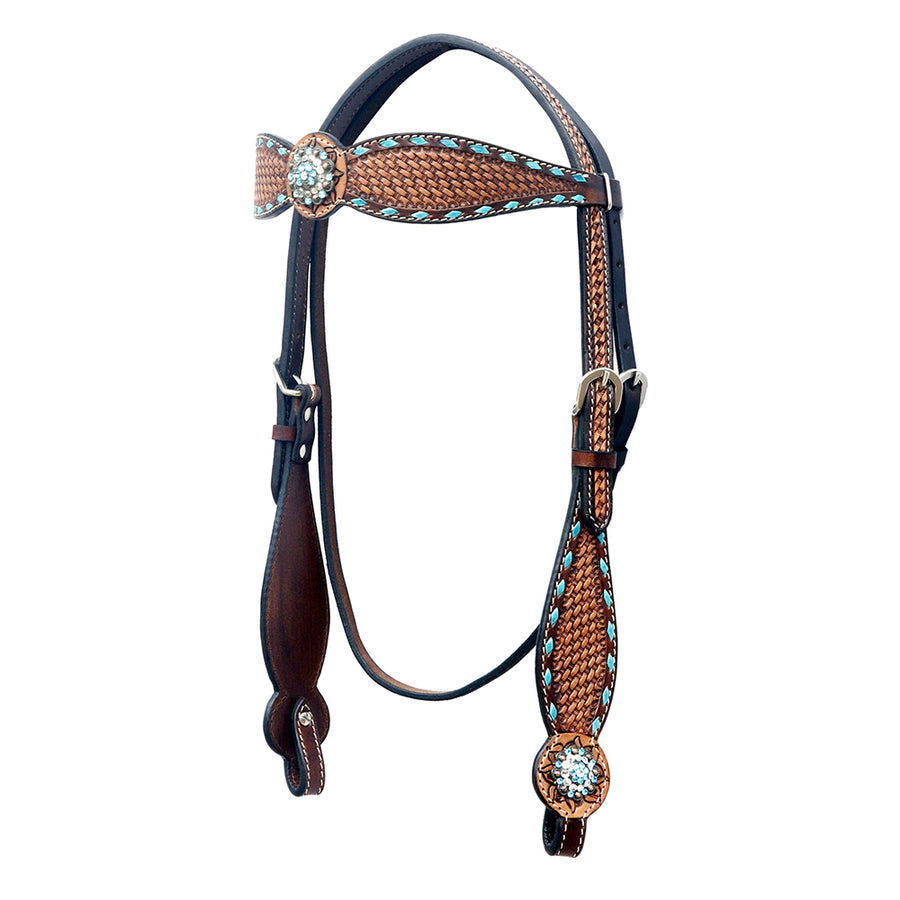 Bar H Equine Western Leather Horse Headstall Basket Weave Carved Brown - Uhorse
