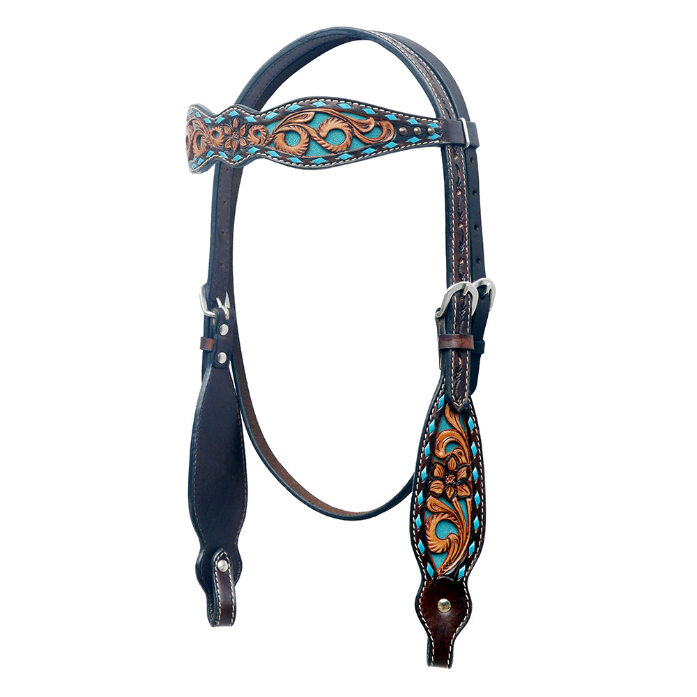BAR H EQUINE Western Horse Floral Hand Painted Genuine Leather Headstall Dark Brown