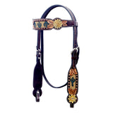 BAR H EQUINE Western Horse Floral Hand Painted Genuine Leather Beaded Inlay Headstall Dark Brown