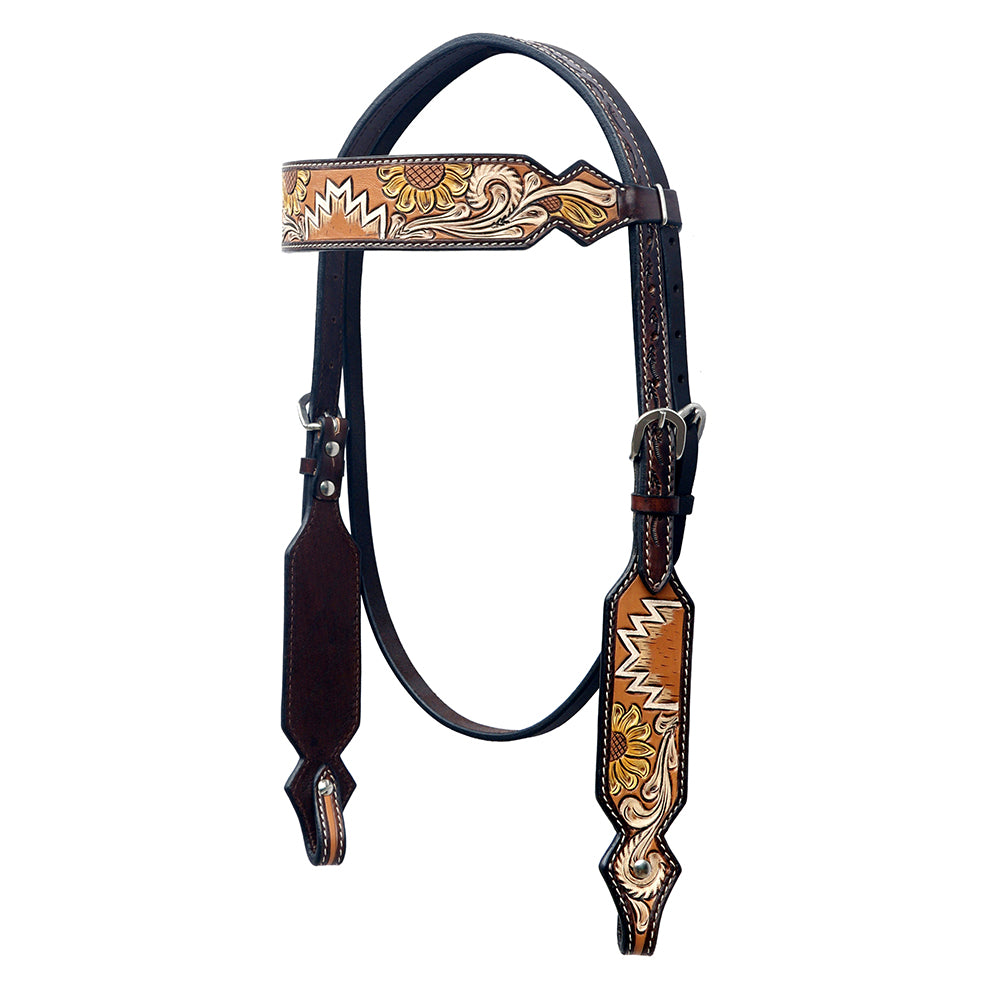 BAR H EQUINE Western Horse Floral Hand Painted Genuine Leather Headstall Tan