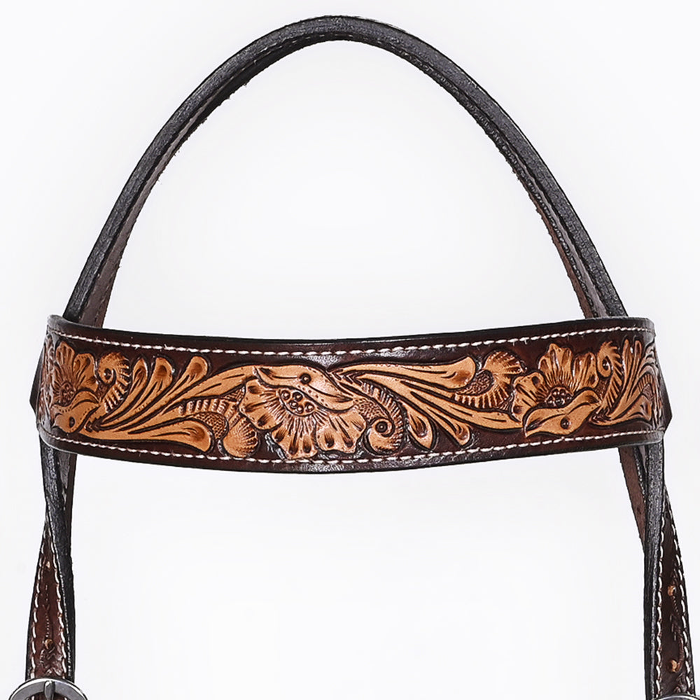 Bar H Equine Western Leather Headstall & Breast Collar Floral Dark Brown