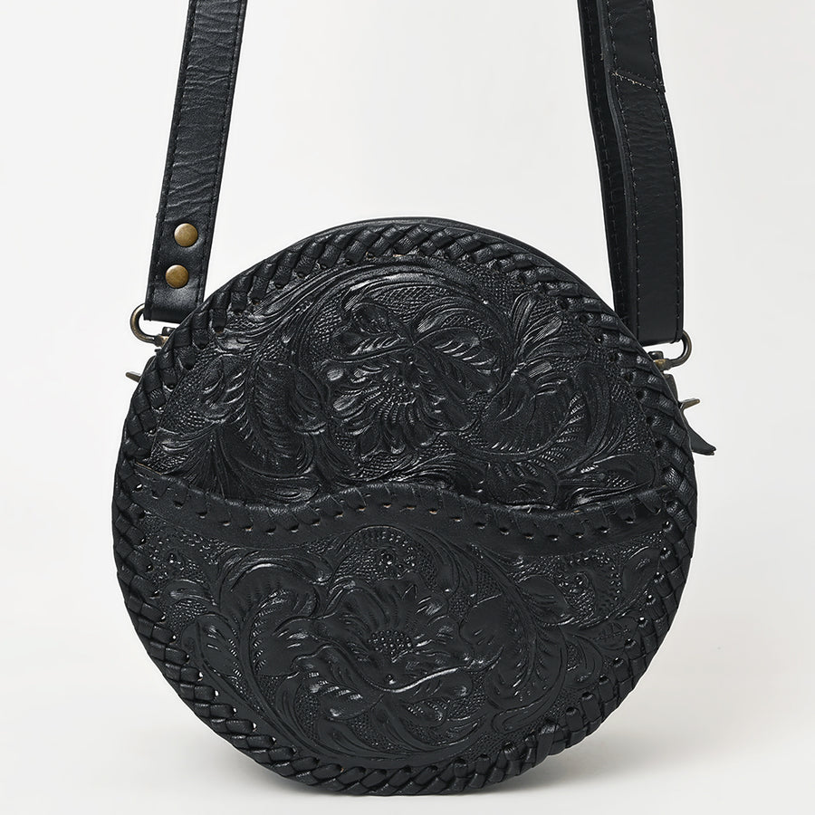 American Darling Western Leather Canteen Bag – Genuine Leather Hand-Tooled Floral Carved Round Crossbody for Everyday Use