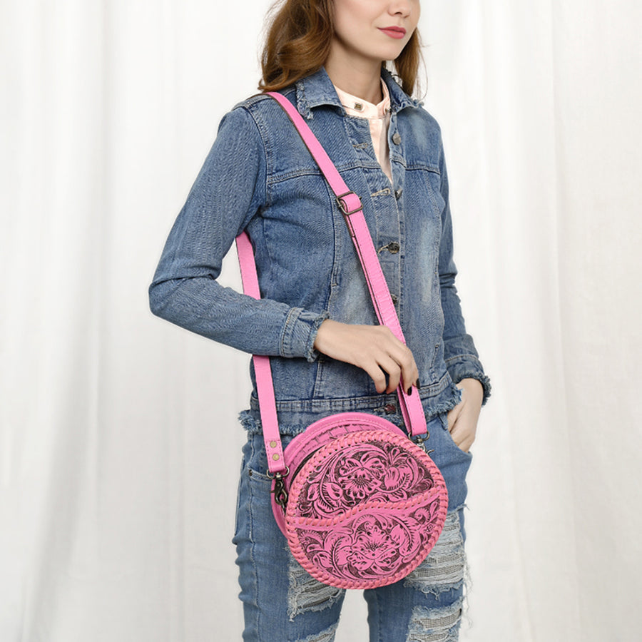 American Darling Western Leather Canteen Bag – Genuine Leather Hand-Tooled Floral Carved Round Crossbody for Everyday Use