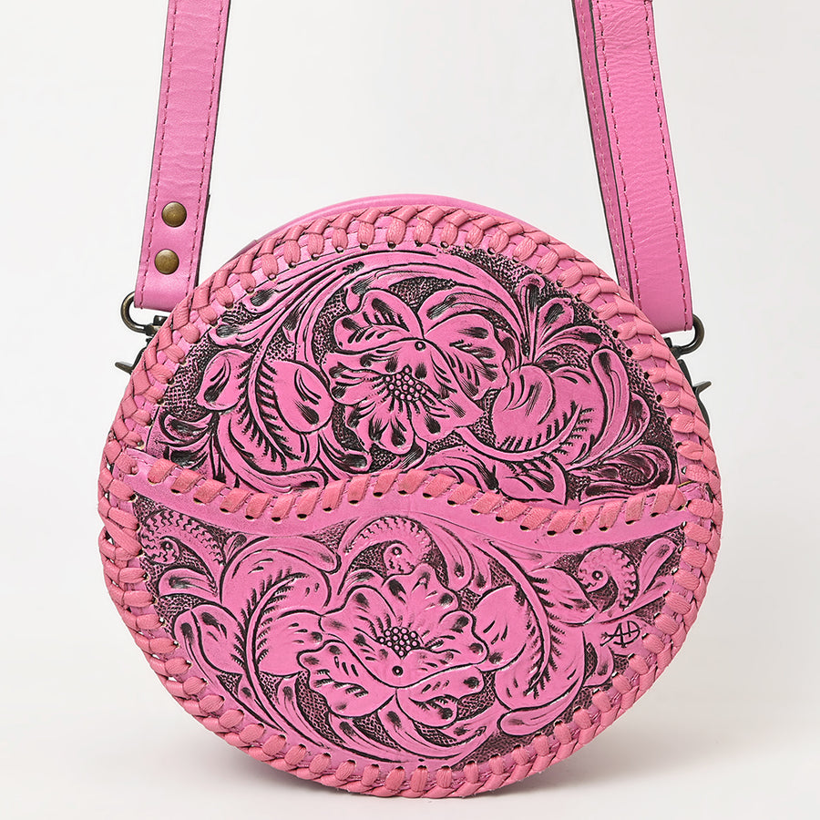 American Darling Western Leather Canteen Bag – Genuine Leather Hand-Tooled Floral Carved Round Crossbody for Everyday Use