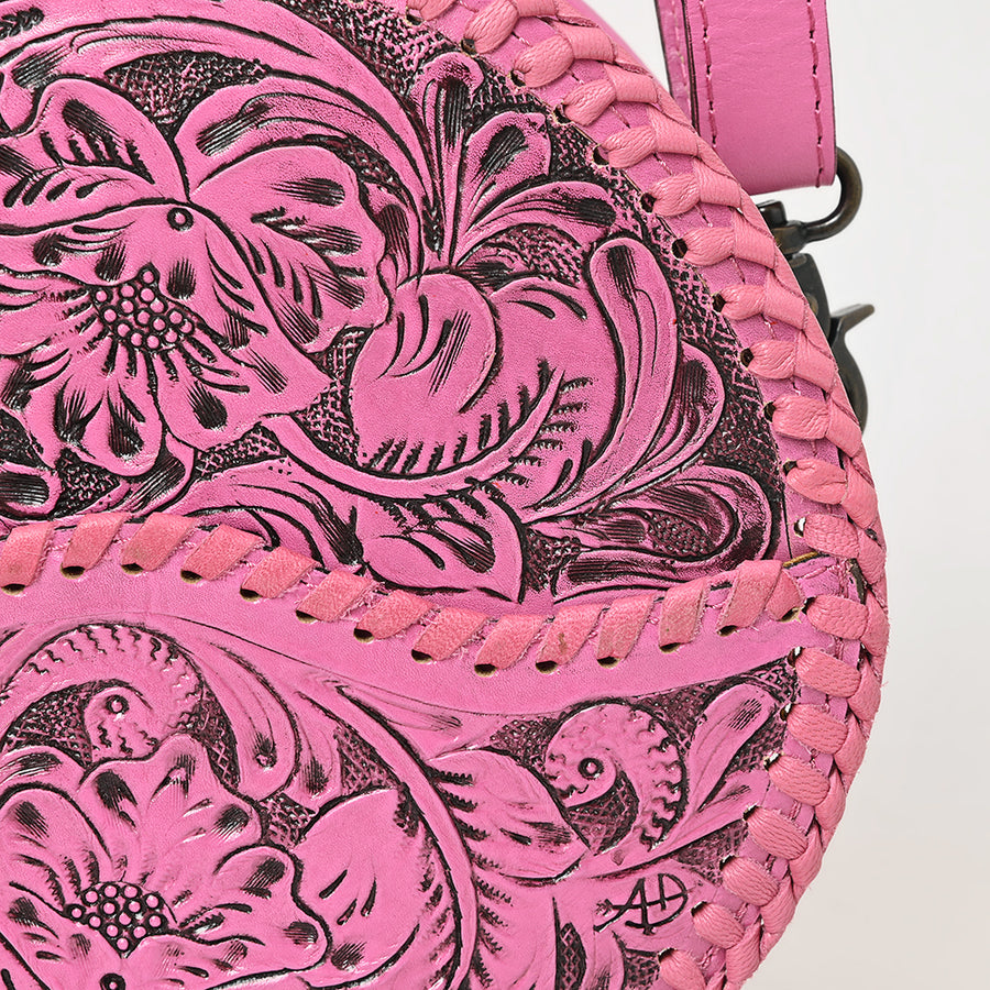 American Darling Western Leather Canteen Bag – Genuine Leather Hand-Tooled Floral Carved Round Crossbody for Everyday Use