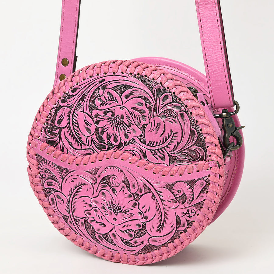 American Darling Western Leather Canteen Bag Pink Hand-Tooled Floral Detailing | Genuine Leather Crossbody - Uhorse