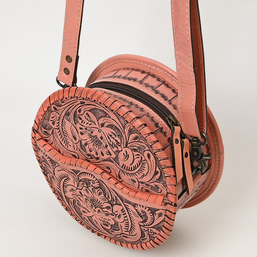 American Darling Western Leather Canteen Bag – Genuine Leather Hand-Tooled Floral Carved Round Crossbody for Everyday Use