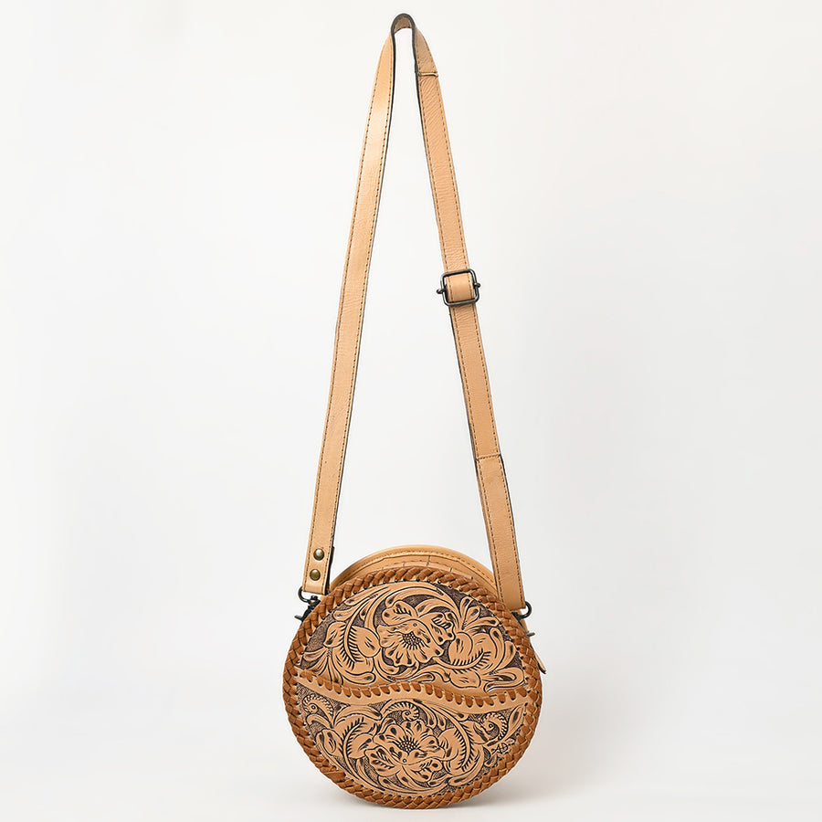 American Darling Western Leather Canteen Bag – Genuine Leather Hand-Tooled Floral Carved Round Crossbody for Everyday Use