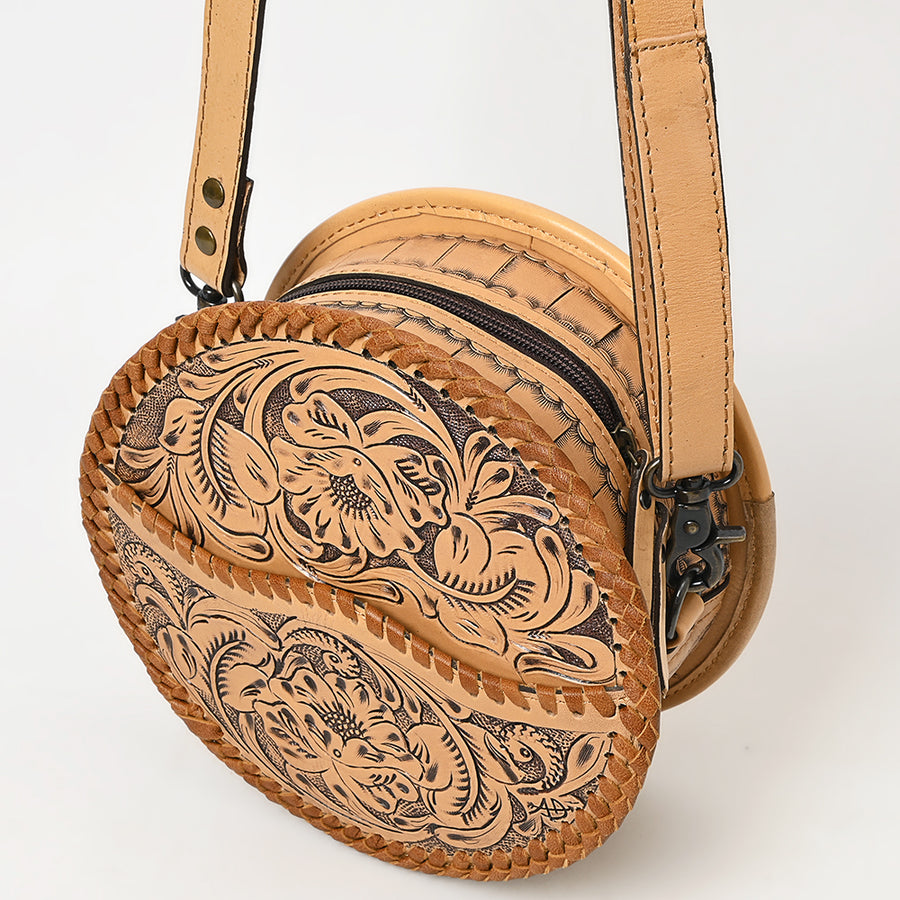 American Darling Western Leather Canteen Bag – Genuine Leather Hand-Tooled Floral Carved Round Crossbody for Everyday Use