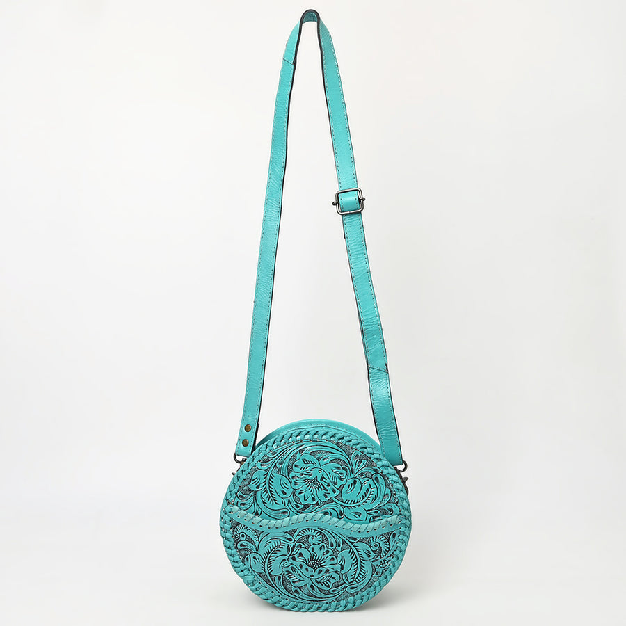 American Darling Western Leather Canteen Bag – Genuine Leather Hand-Tooled Floral Carved Round Crossbody for Everyday Use