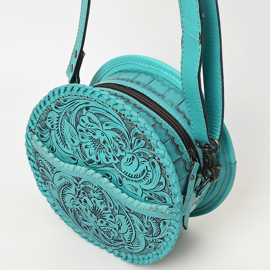 American Darling Western Leather Canteen Bag – Genuine Leather Hand-Tooled Floral Carved Round Crossbody for Everyday Use