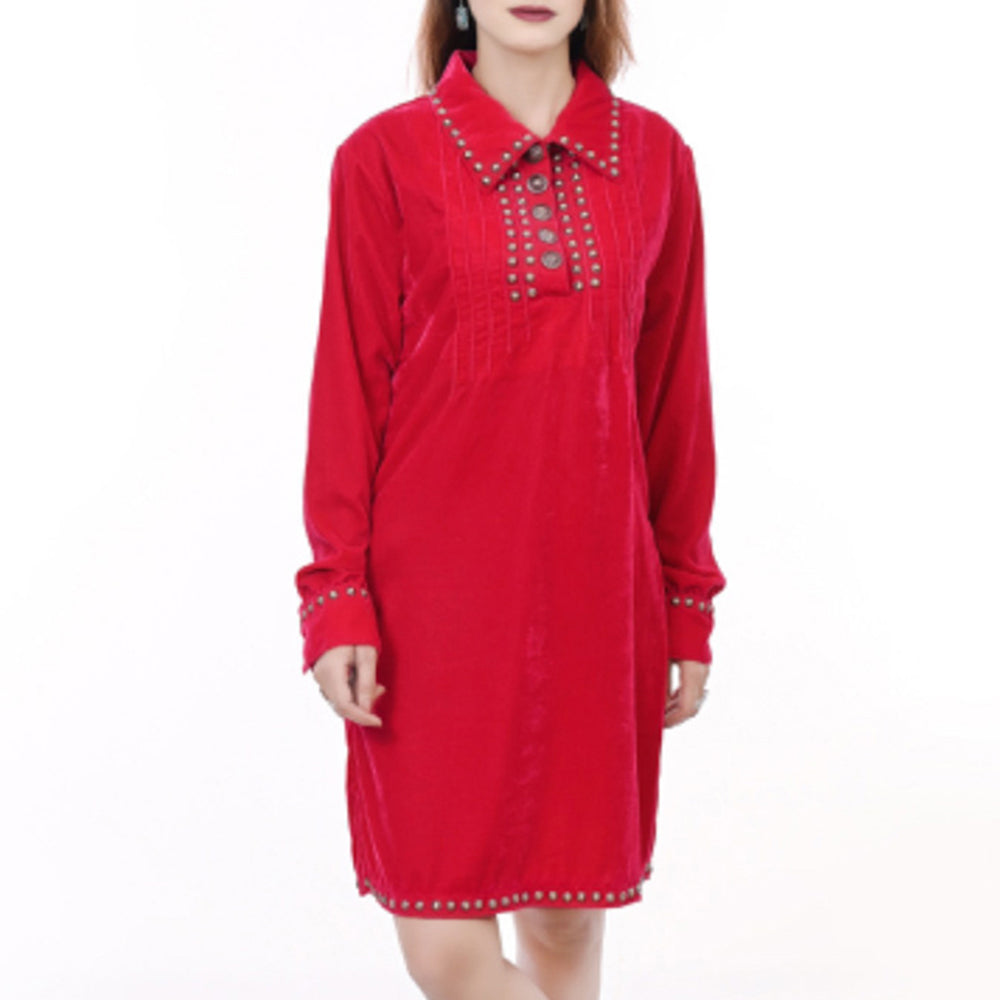 American Darling ADDR007 100% Cotton Denim Women Shirt Jacket Dress Ladies Girl Top Red