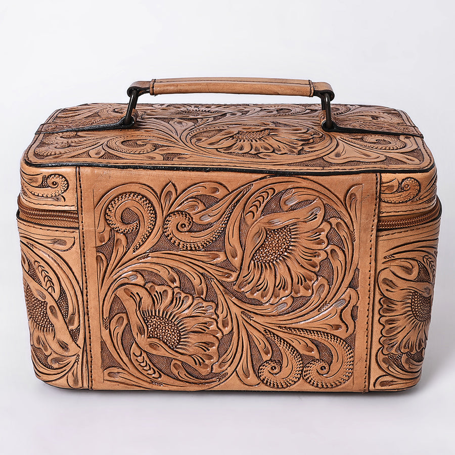 American Darling Western Hand Tooled Leather Jewelry Case | Handcrafted Travel Makeup Bag with Handle and Divided Interior
