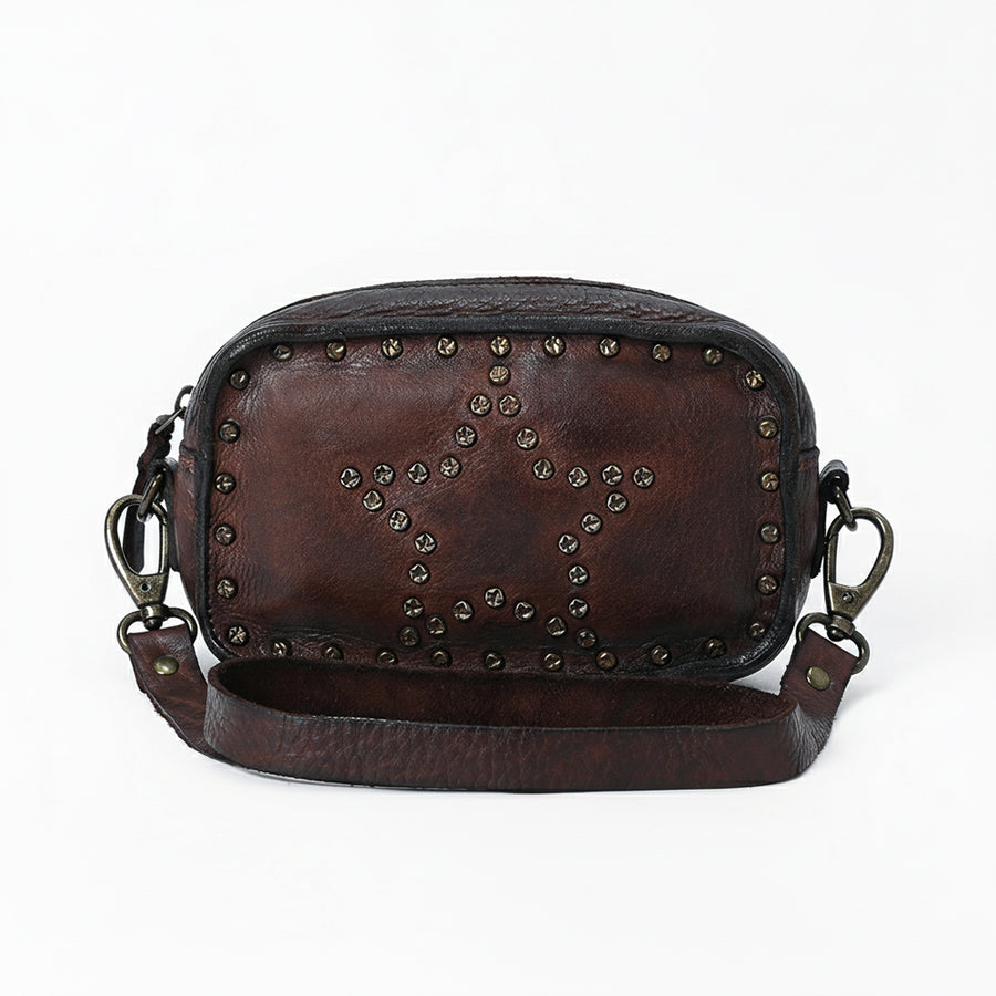 Spaghetti Western Swc166Brn Small Crossbody Vintage Handmade Drum Dyed Genuine European Cowhide Leather Women Bag Western Handbag Purse