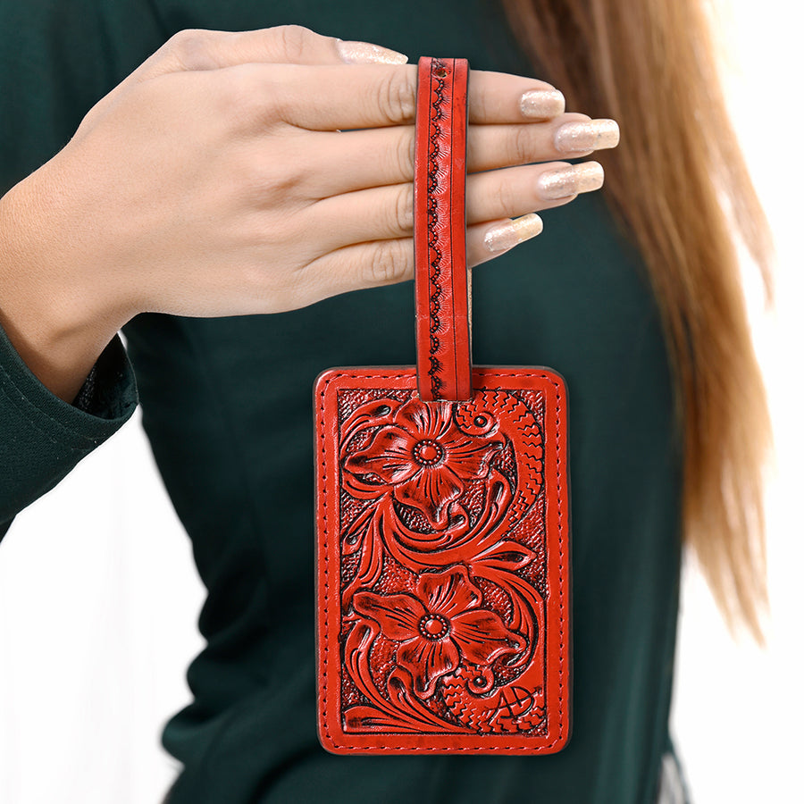 American Darling Western Leather Hand-Tooled Card Holder – Genuine Leather Travel ID Tag with Strap