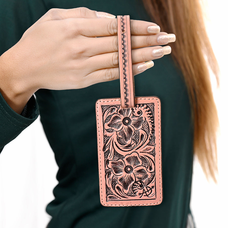 American Darling Western Leather Hand-Tooled Card Holder – Genuine Leather Travel ID Tag with Strap