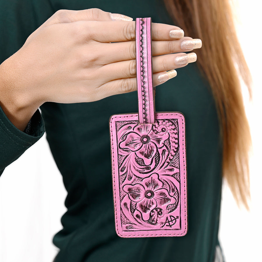 American Darling Western Leather Hand-Tooled Card Holder – Genuine Leather Travel ID Tag with Strap