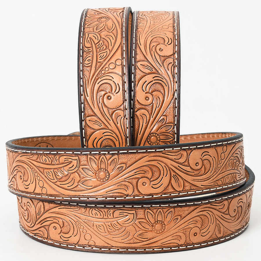 Bar H Equine Hand Tooled Genuine Leather Crafted Tan Unisex Western Belt Removable Buckle Full Grain for Men Women