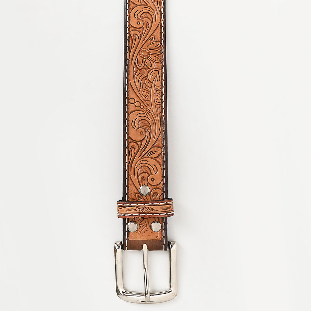 BAR H EQUINE 32 - 42 In Floral Hand Tooled Western Genuine Leather Belt Brown